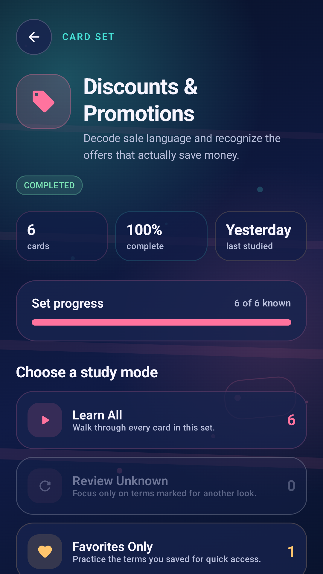 Shopping card set and learning modes